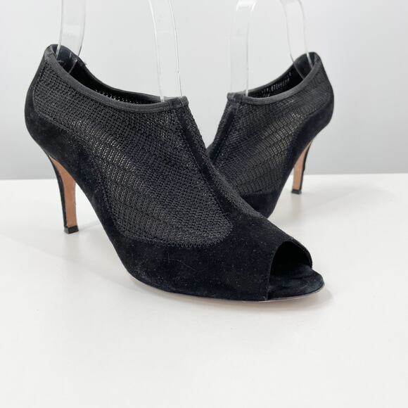 L.K. Bennett Lara Black Suede Mesh Peep Toe Booties Heels 38 7 Dark Romantic - Picture 1 of 12